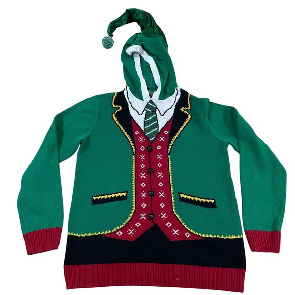 Ugly Christmas Sweater Men's Large Elf-Themed Hoodie With Green Hat & Red Trim - Picture 1 of 6